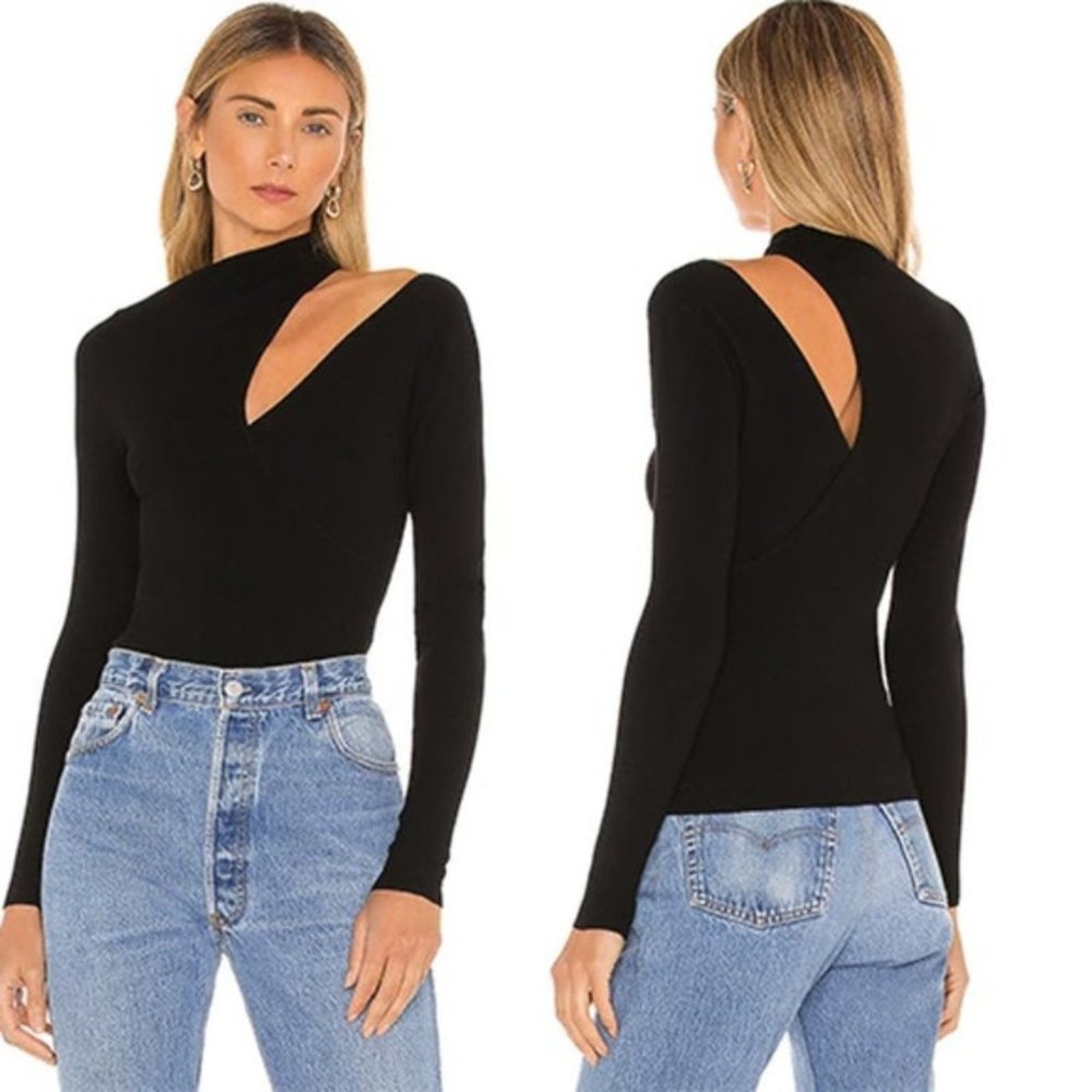 New A.L.C. Cutout Shoulder Long Sleeve Stretch Paquin Black Blouse Top Sz: Xs